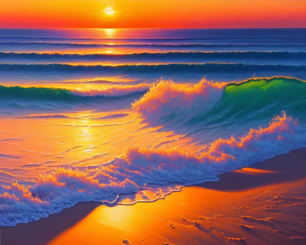 Colorful Beach Sunset with Reflecting Water and Waves