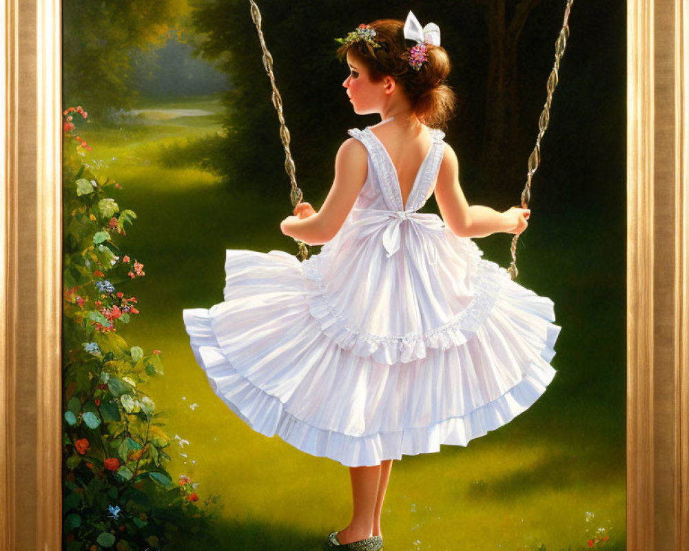 Girl in white dress swings in sunlit garden with flowers and trees.