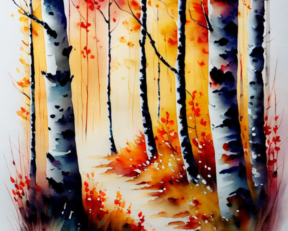 Colorful watercolor painting of slender forest trees with autumnal foliage and soft light.