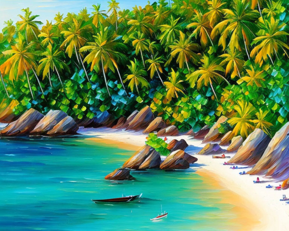 Tropical beach painting with boats, palm trees, and clear blue water