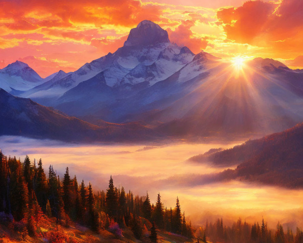 Vibrant orange and yellow sunset over snow-capped mountain