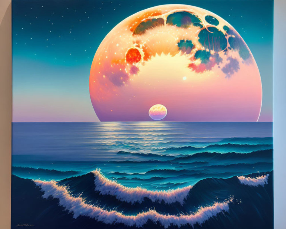 Surreal painting: Serene ocean with giant moon at twilight