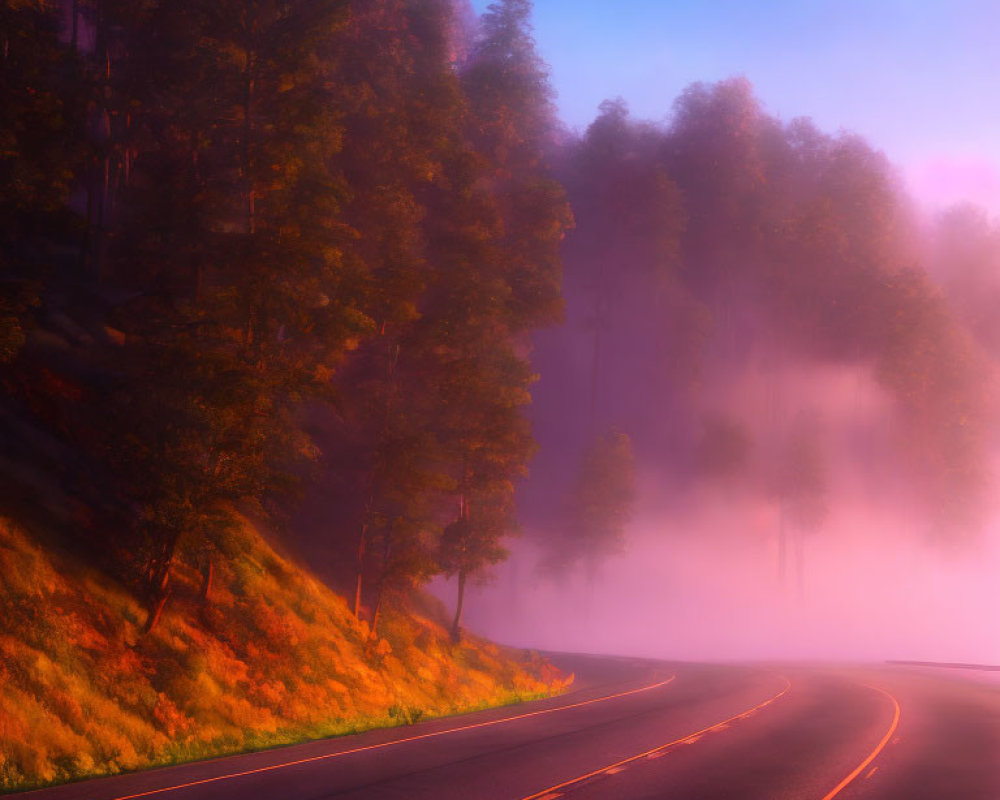 Foggy forest landscape with winding purple road at sunrise or sunset