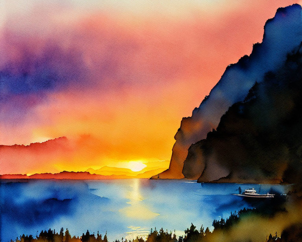 Colorful sunset painting: orange, pink, blue hues, calm sea, silhouetted mountains
