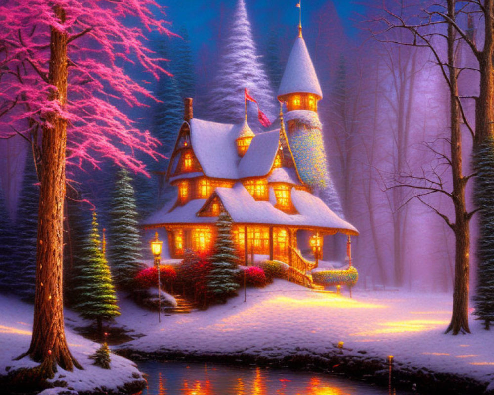 Cozy illuminated house in snowy landscape at dusk