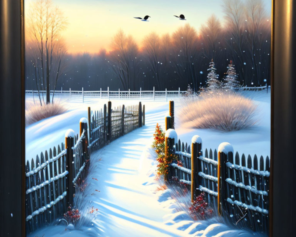 Winter Landscape Painting: Snowy Path, Wooden Fence, Christmas Tree