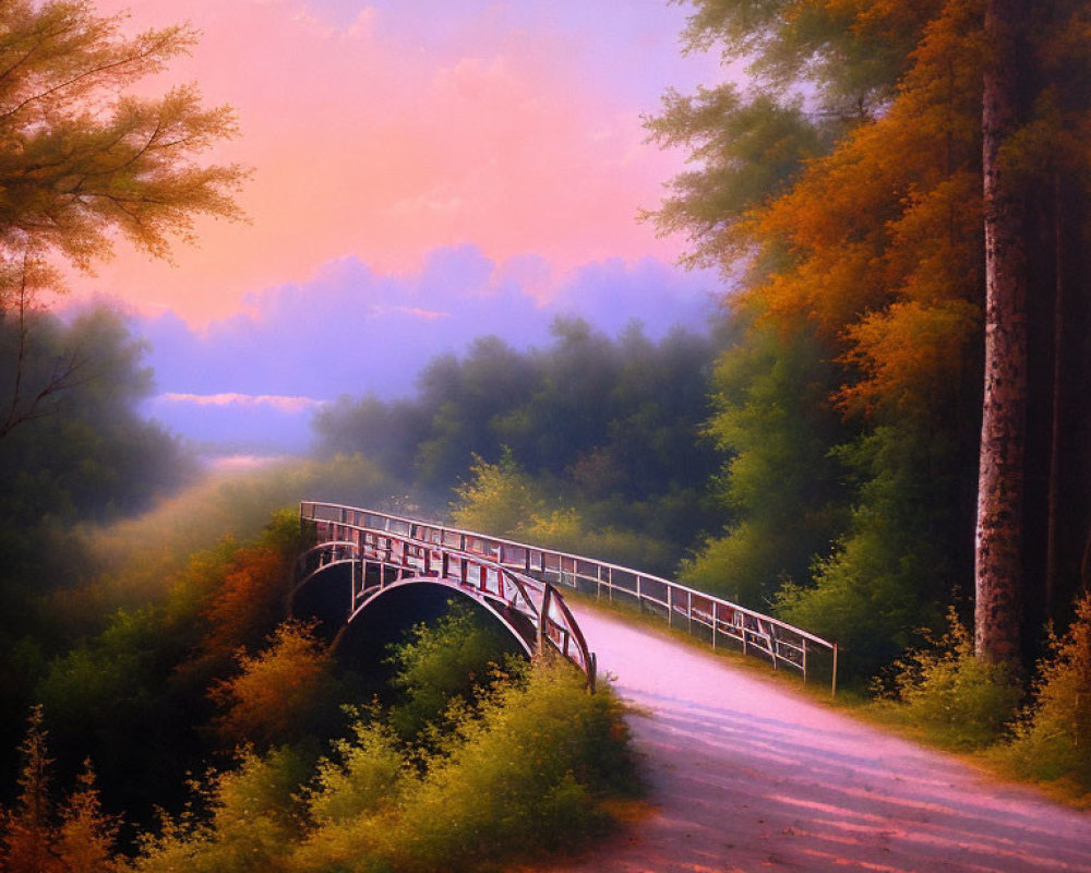 Tranquil Footbridge Over Misty River amid Lush Trees