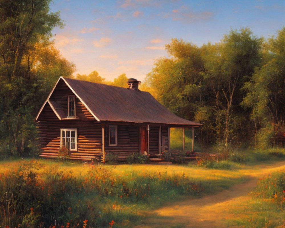 Tranquil painting of rustic cabin in forest with sunlight and dirt path