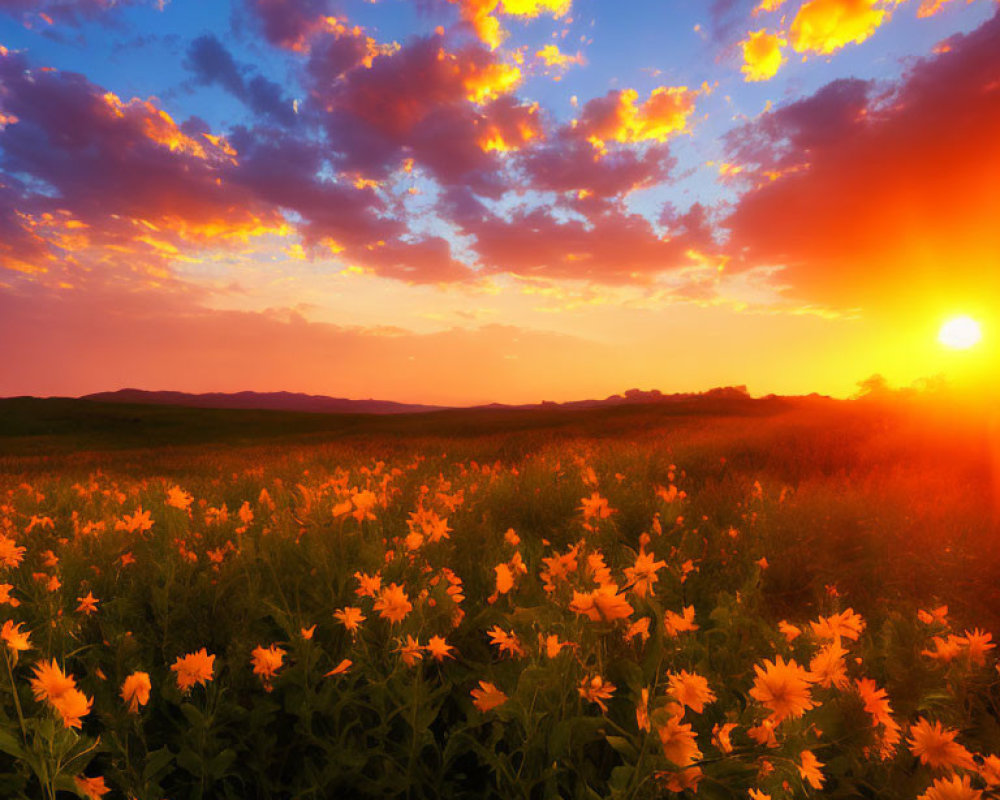 Colorful sunset sky over wildflower field with sun on horizon