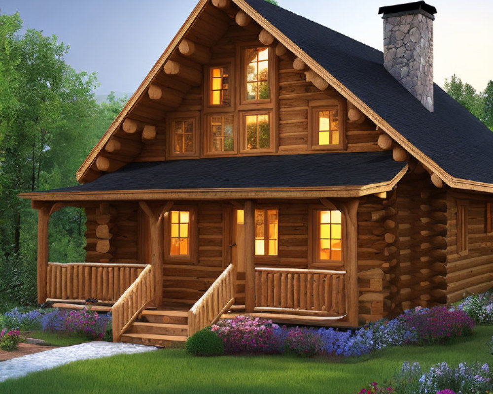 Rustic log cabin surrounded by lush greenery and flowers at dusk