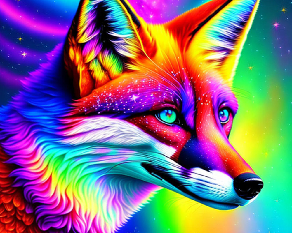 Colorful Fox Illustration with Rainbow Fur on Cosmic Background