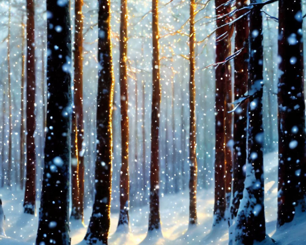 Tranquil winter forest with tall trees and snow-covered ground
