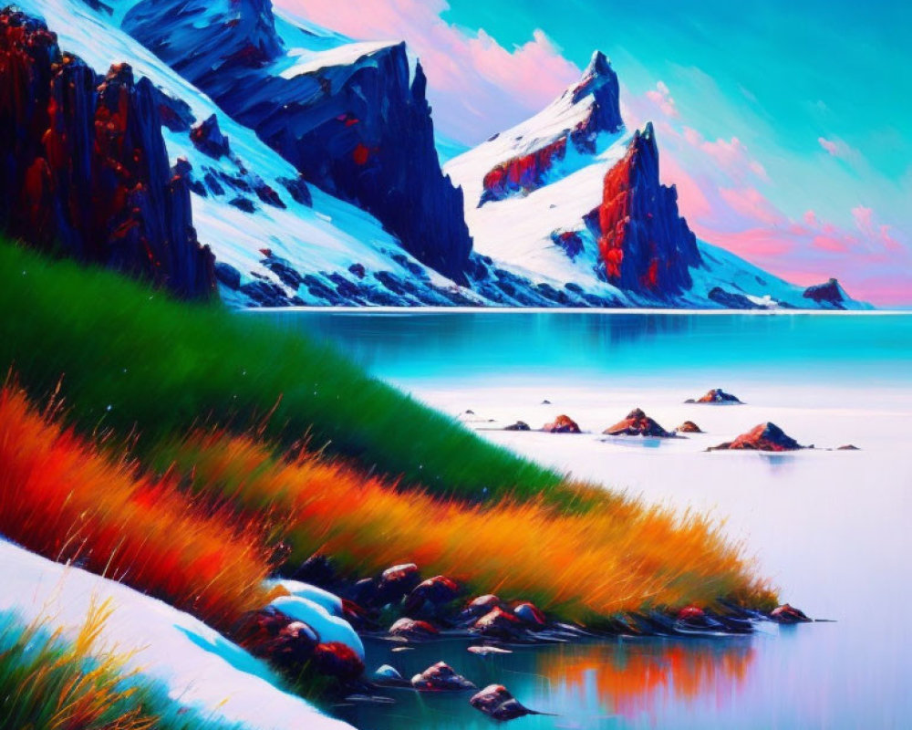 Seasonal contrast in vibrant painting: snowy mountain beside lush green hill reflecting in tranquil lake