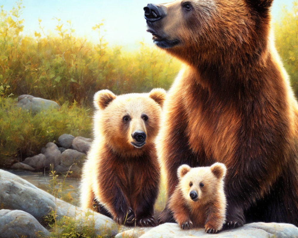 Adult Bear with Two Cubs in Sunny Meadow among Rocks
