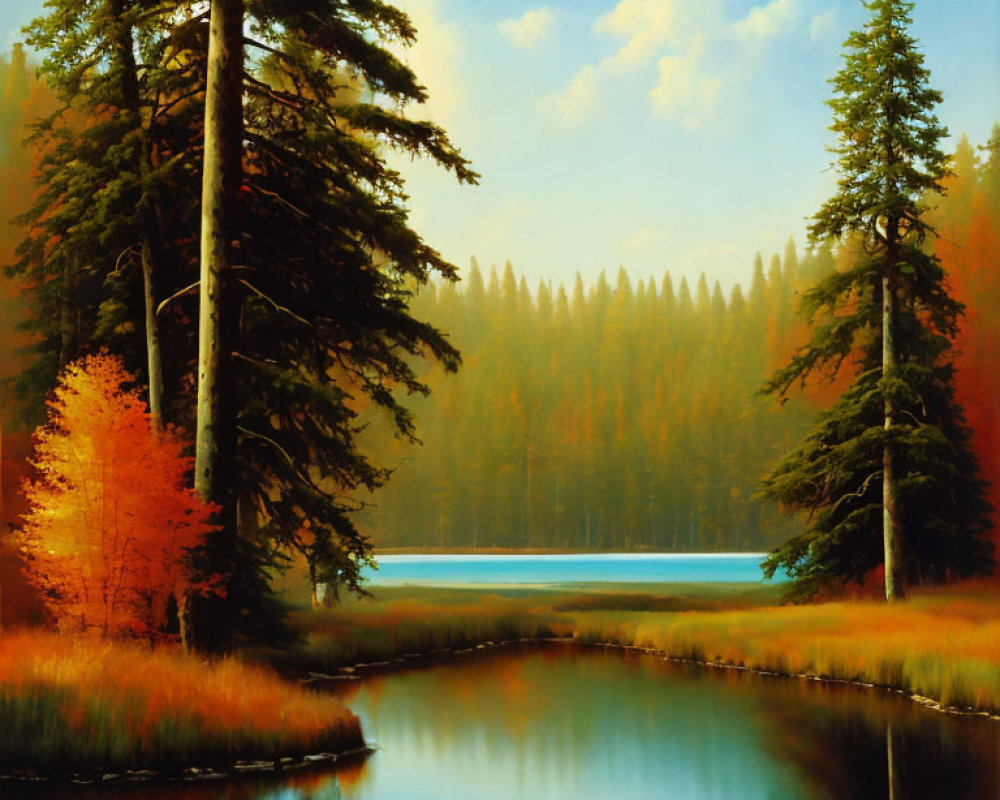 Tranquil forest scene with autumn trees by peaceful river