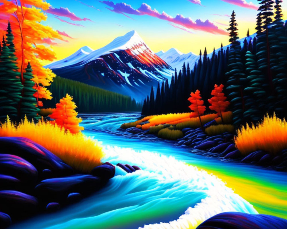 Colorful mountain landscape with river, autumn trees, and twilight sky