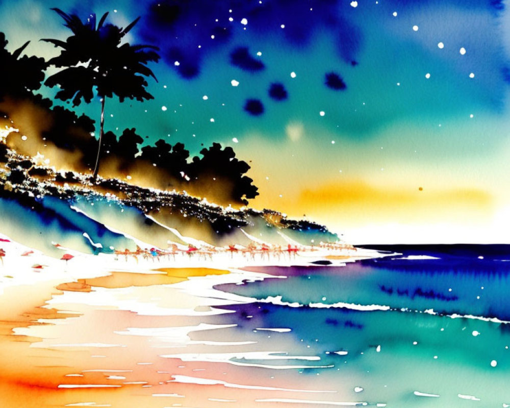 Tropical beach watercolor painting with palm trees at dusk