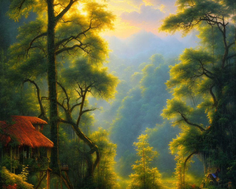 Tranquil forest sunrise with tall trees and thatched hut