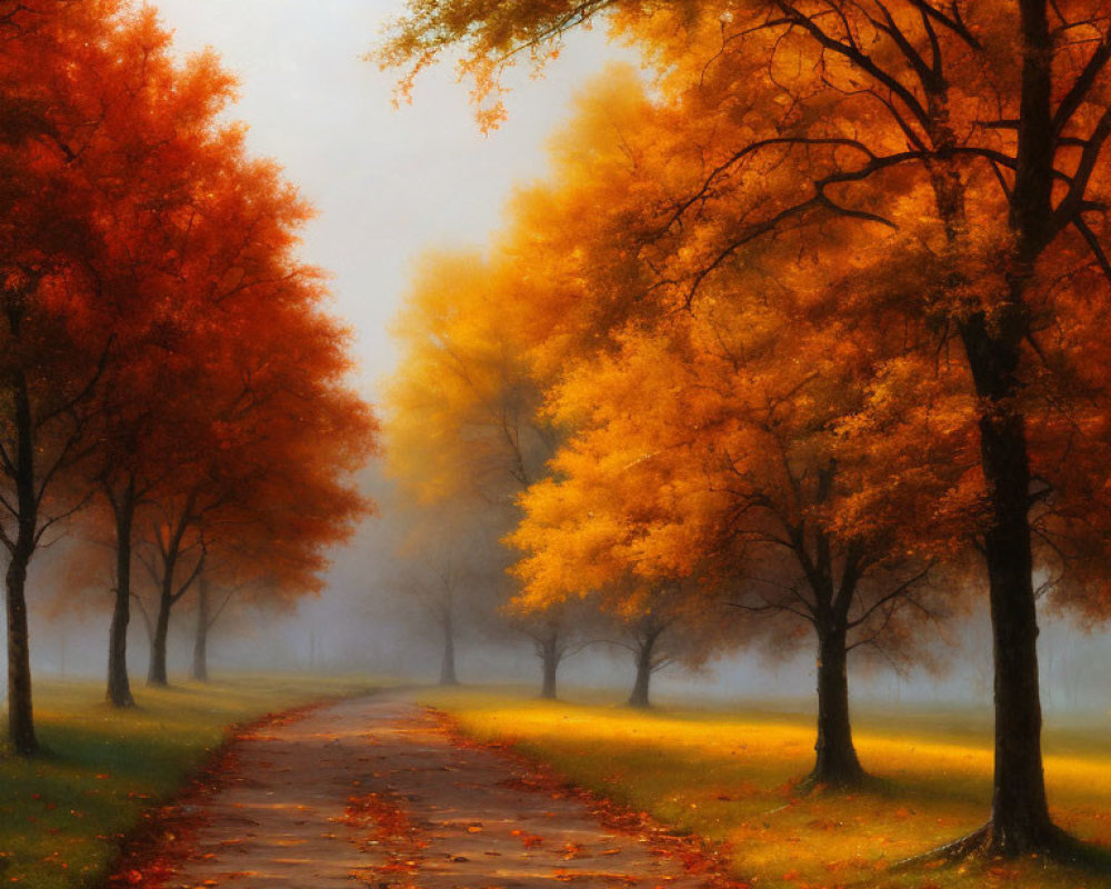 Tranquil autumn landscape with orange trees and foggy ambiance