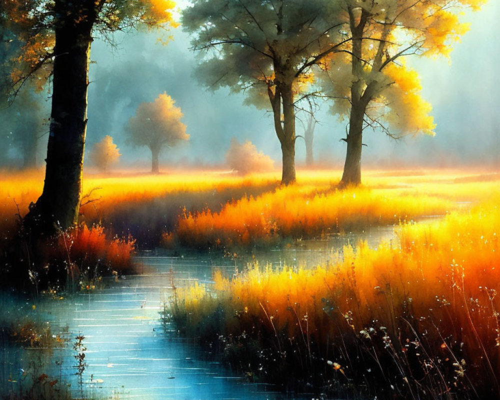 Scenic landscape with light filtering through trees onto misty field and serene water in vibrant colors