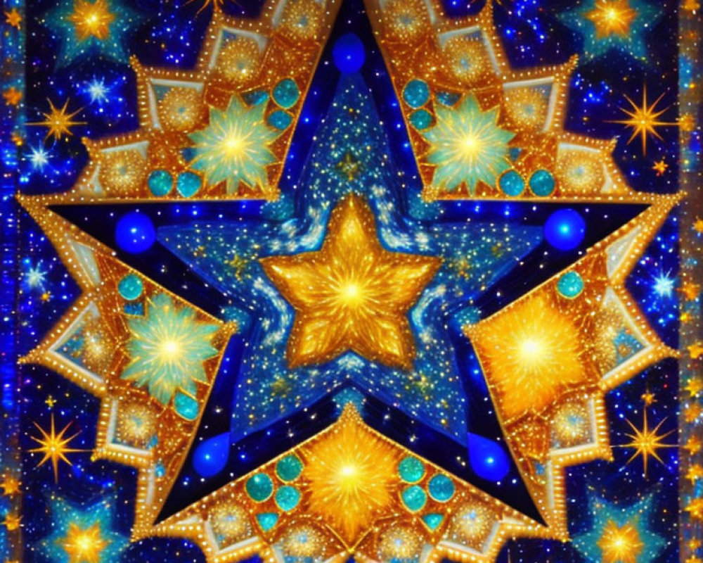 Symmetrical gold stars digital artwork on deep blue background