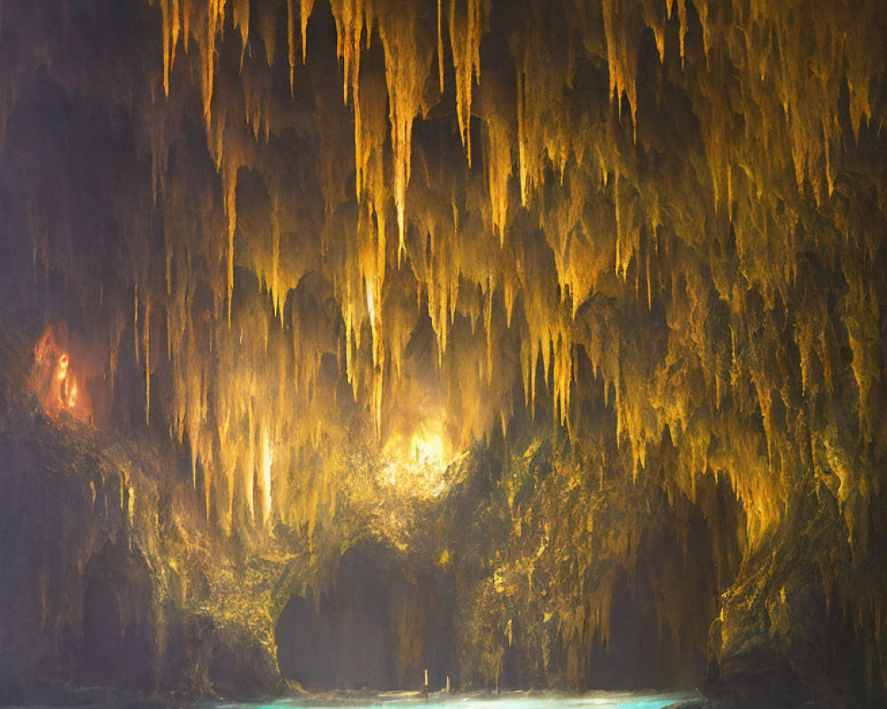 Mystical underground cave with stalactites and turquoise water.