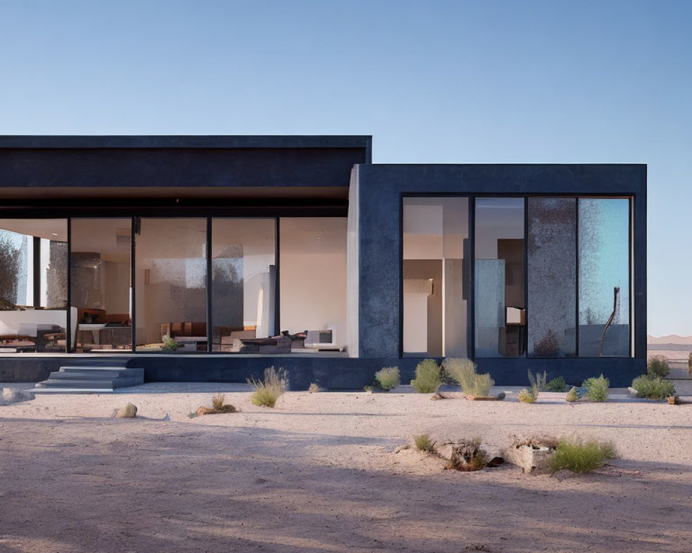 Minimalistic Desert House with Large Glass Windows & Flat Roof
