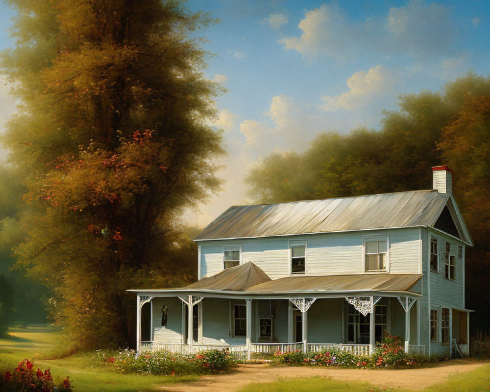 Tranquil painting: White house with porch in lush landscape