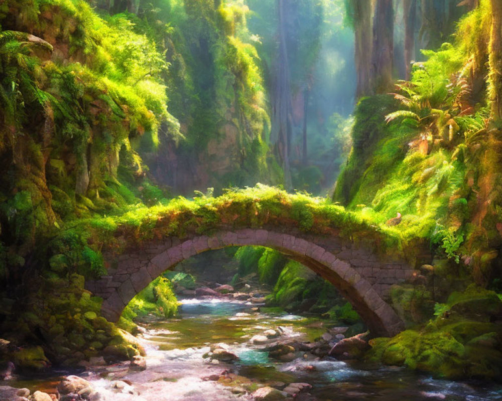 Sunlit Forest with Moss-Covered Stone Bridge and Stream
