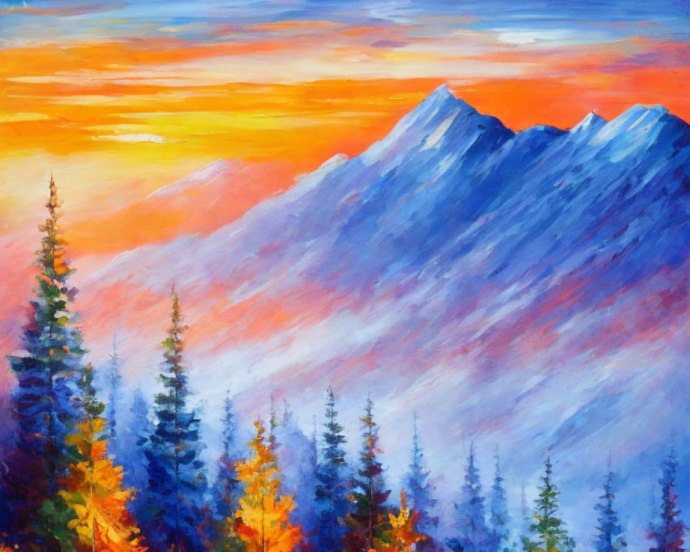 Colorful Mountain Range Painting with Autumn Forest