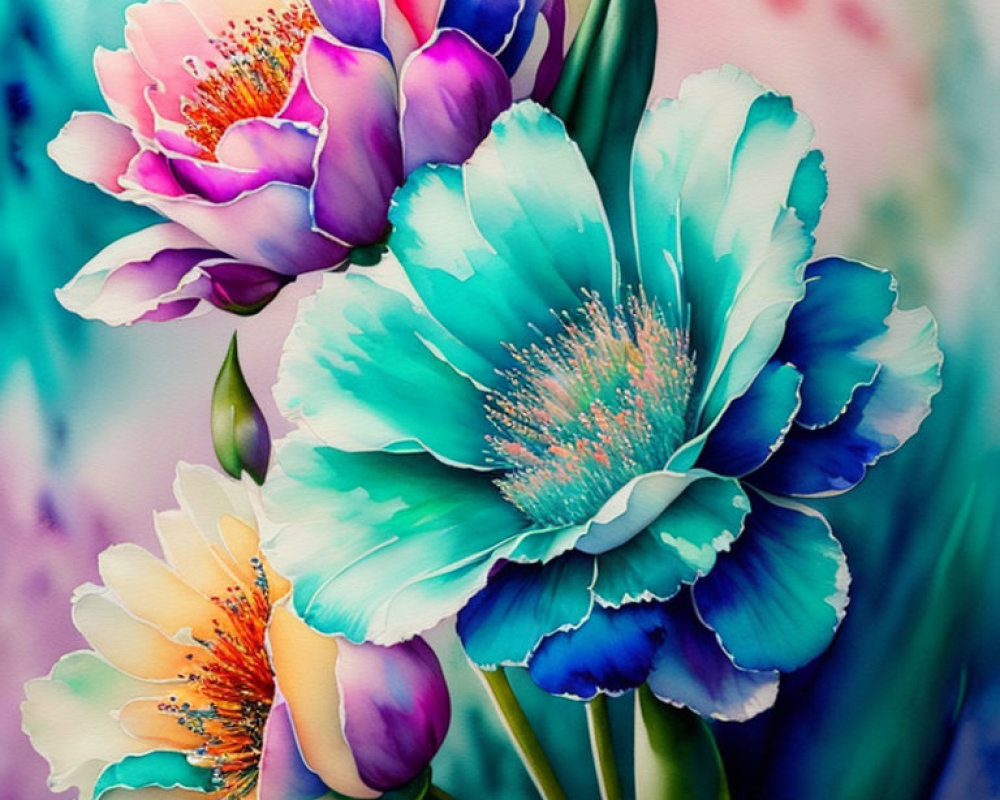Colorful painting of turquoise and pink flowers on dreamy background