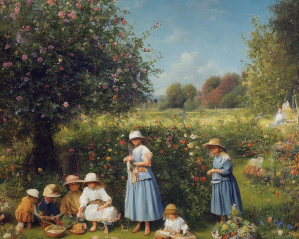 Artwork featuring five children in a garden enjoying flowers under a blue sky