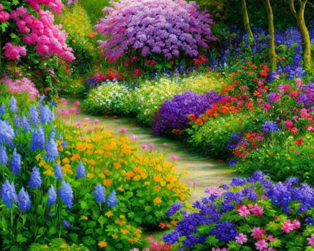 Lush, colorful flowers in full bloom on vibrant garden path