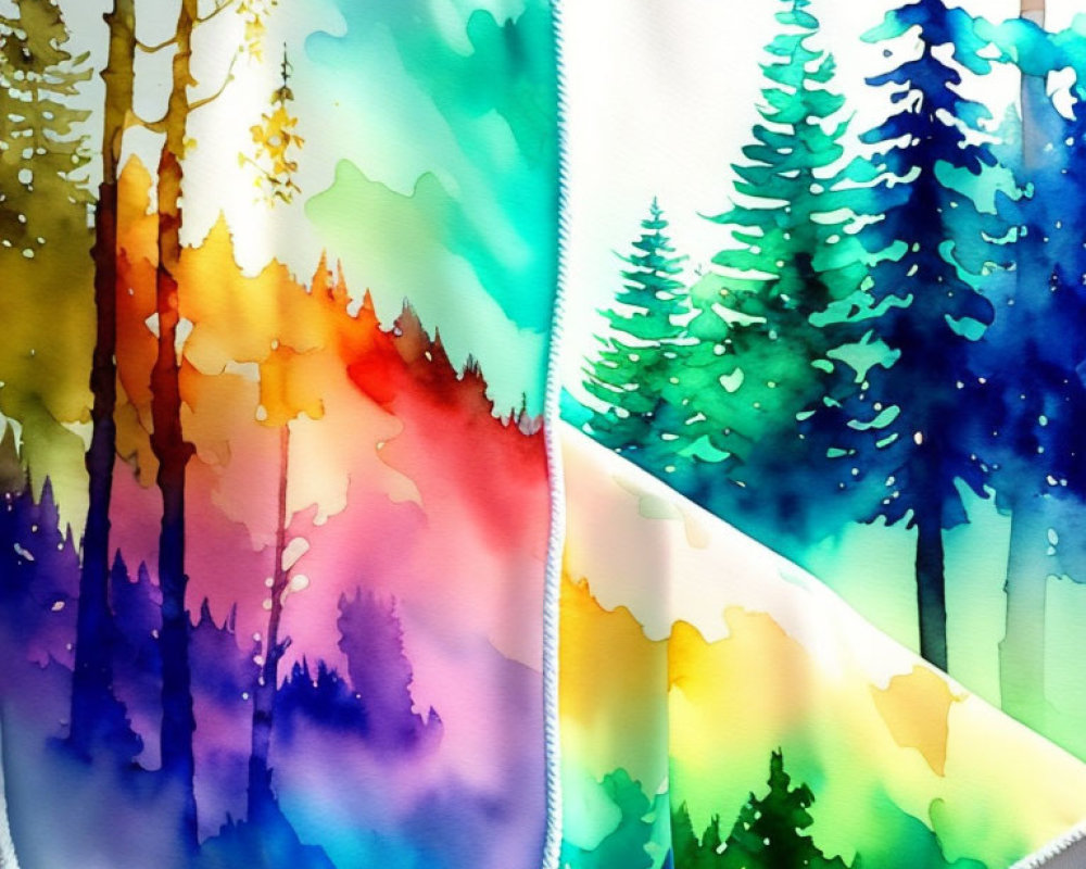 Colorful Watercolor Painting of Transitioning Forest Trees