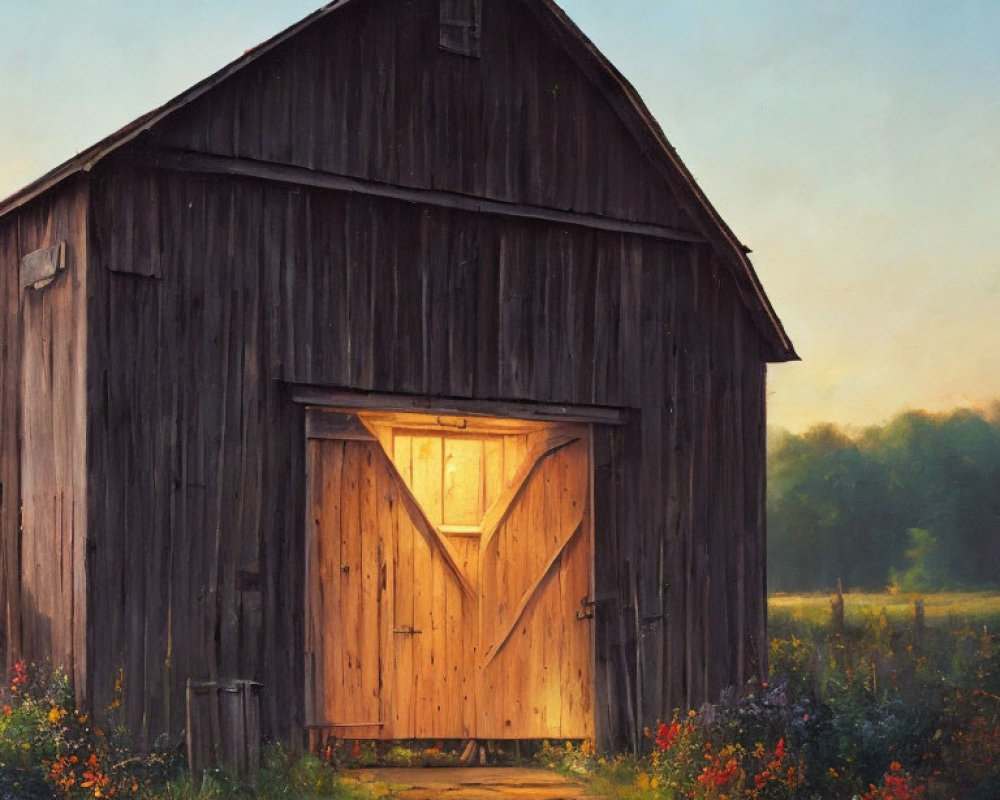 Rustic wooden barn with sunlit double doors in tranquil countryside.