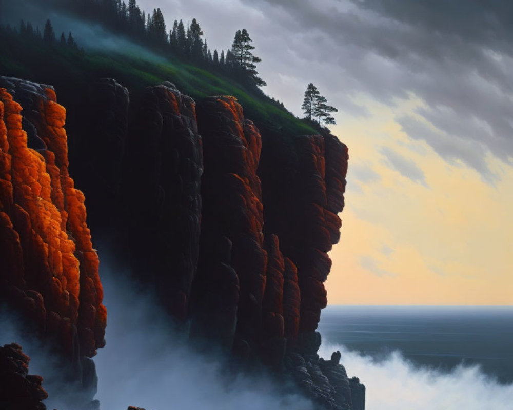 Dramatic red-orange cliff over misty waters at dusk