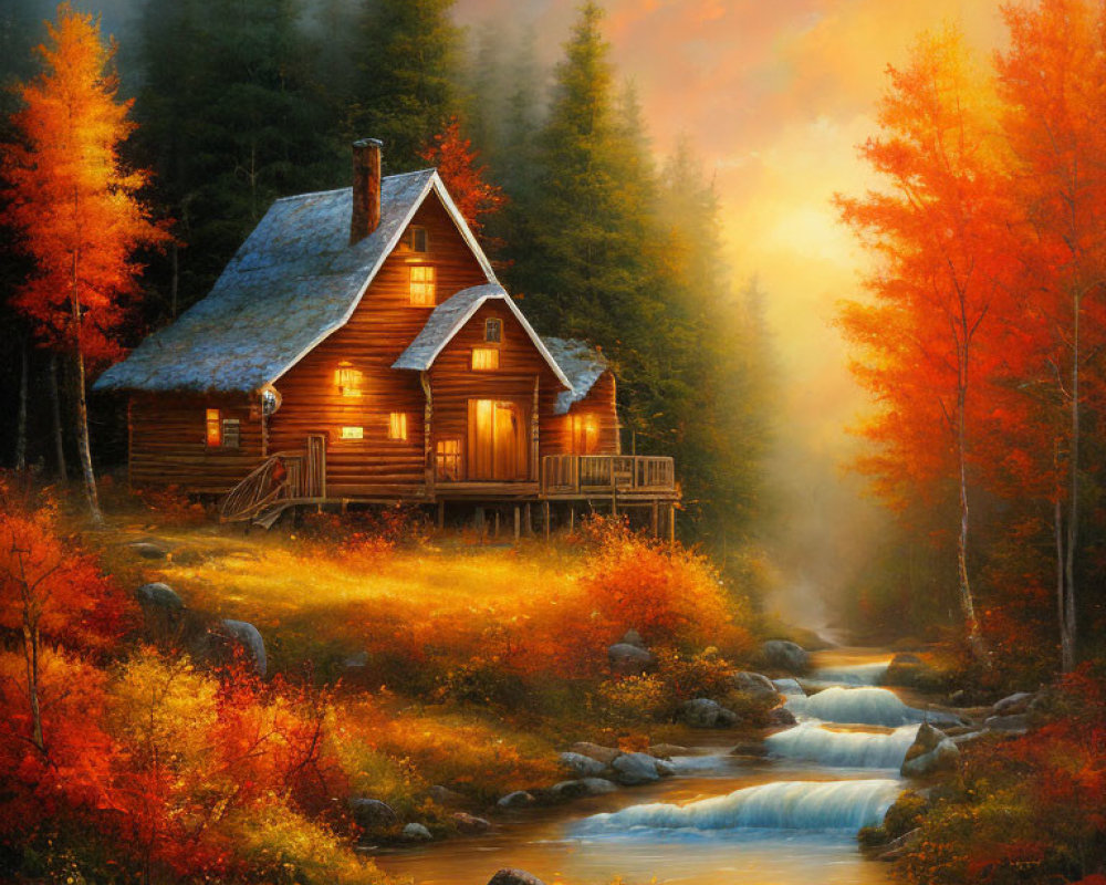 Autumn cabin by babbling stream amid vibrant fall foliage