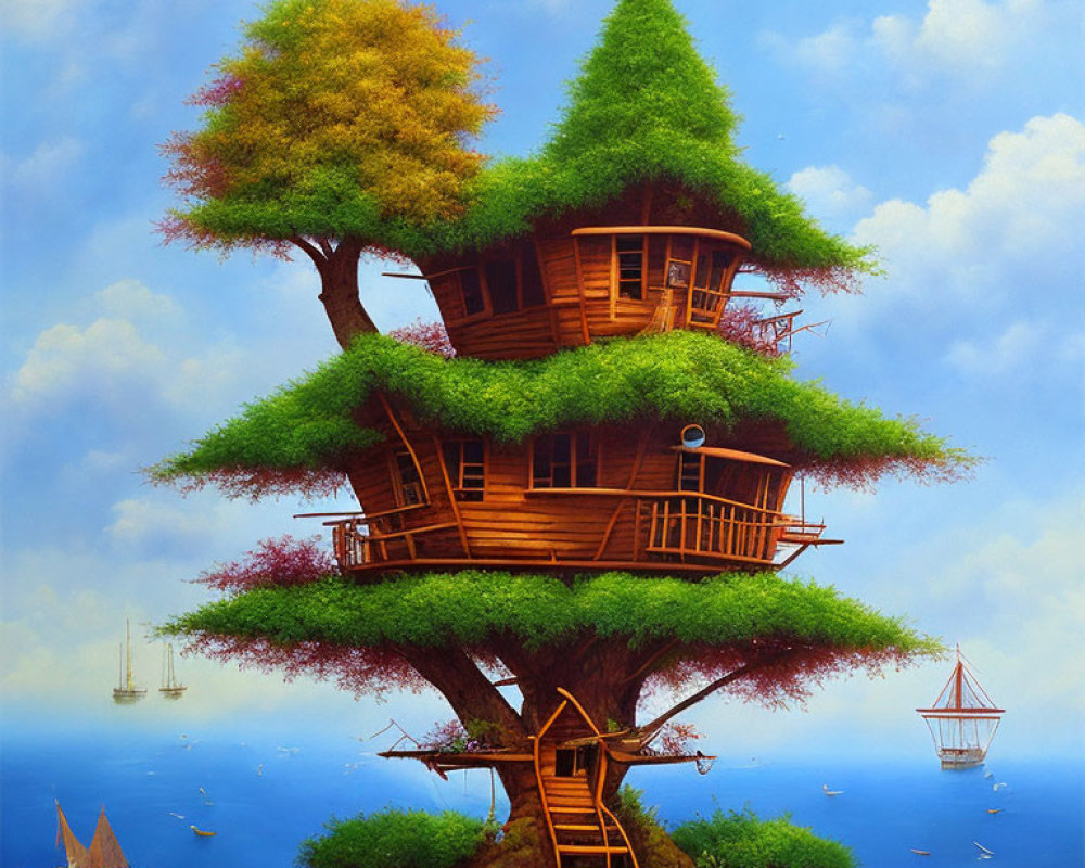 Multilevel treehouse painting with sailboats in sky