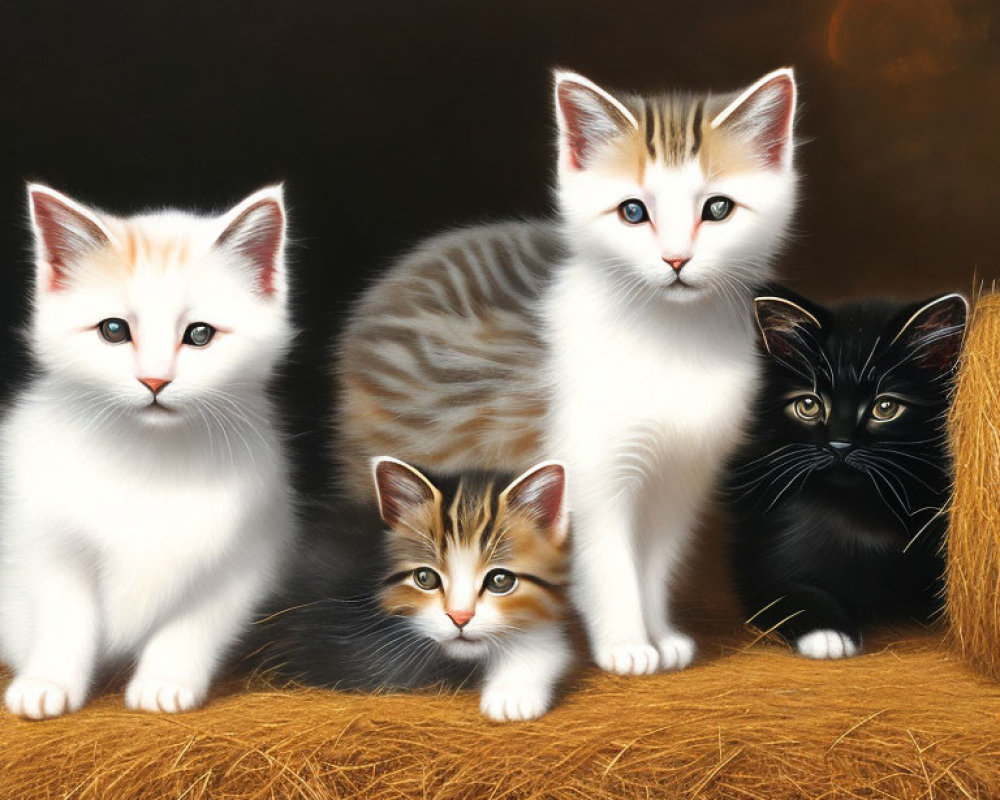 Four Cute Kittens Posing on Straw Surface
