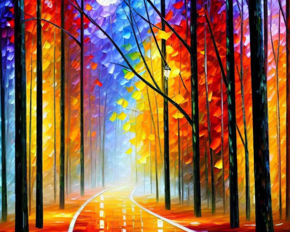 Colorful Autumn Forest Path Painting with Street Lamps and Reflections