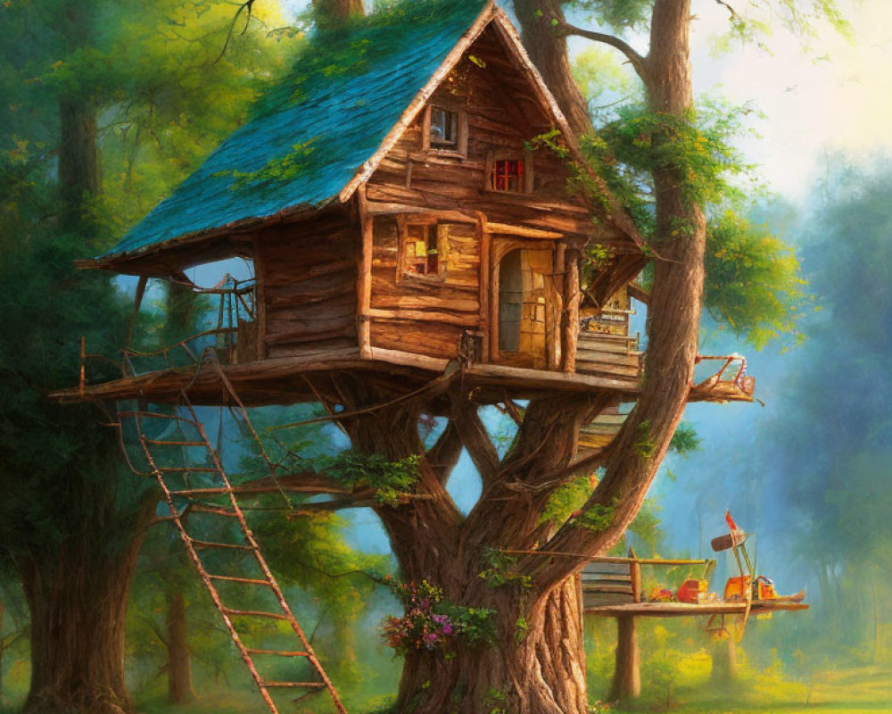 Whimsical treehouse with blue roof in lush forest