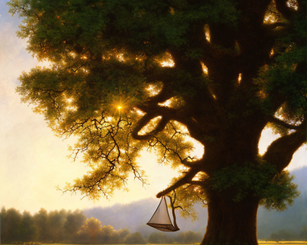 Tranquil landscape with majestic tree and hammock in golden sunlight