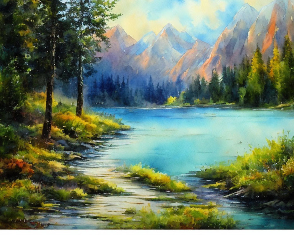 Tranquil Lake Landscape with Trees and Mountains