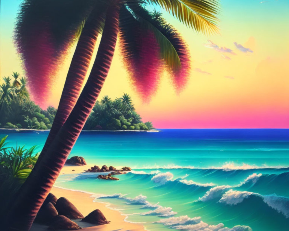 Scenic tropical beach sunset with palm trees and vibrant sky hues