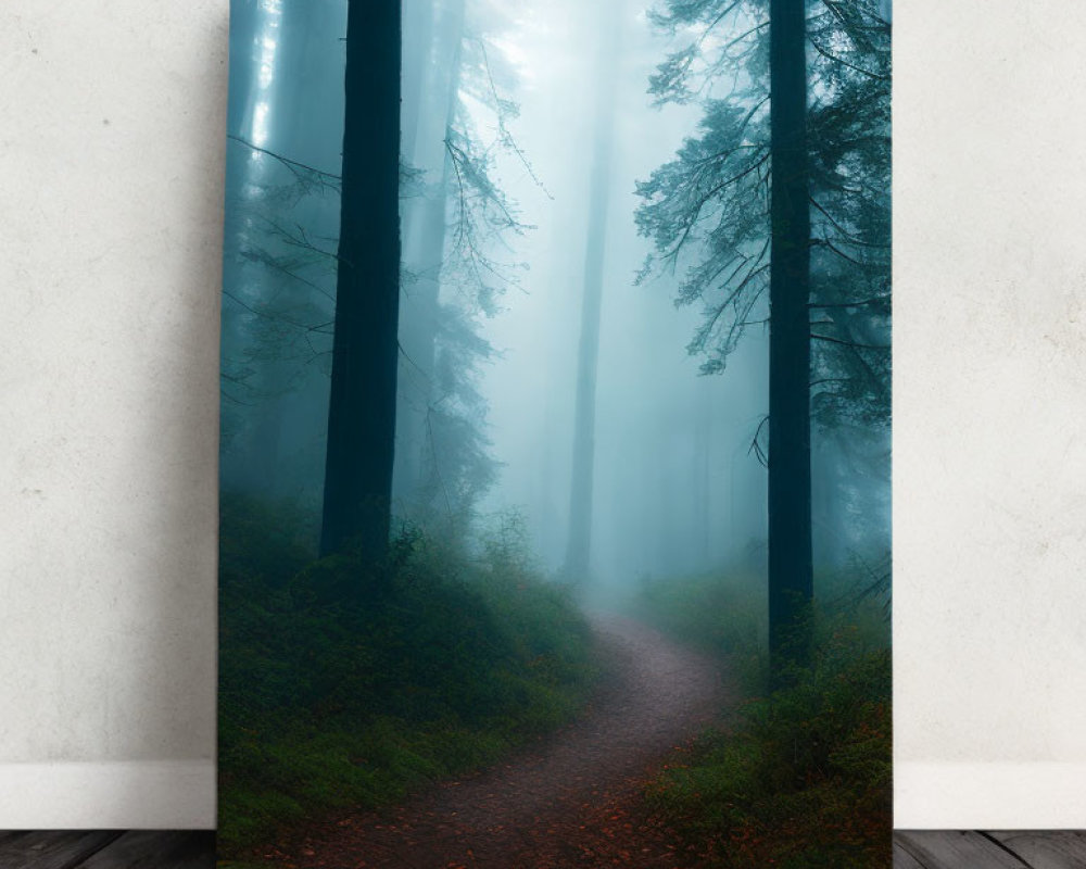 Vertical canvas of misty forest with winding path and tall trees on white wall
