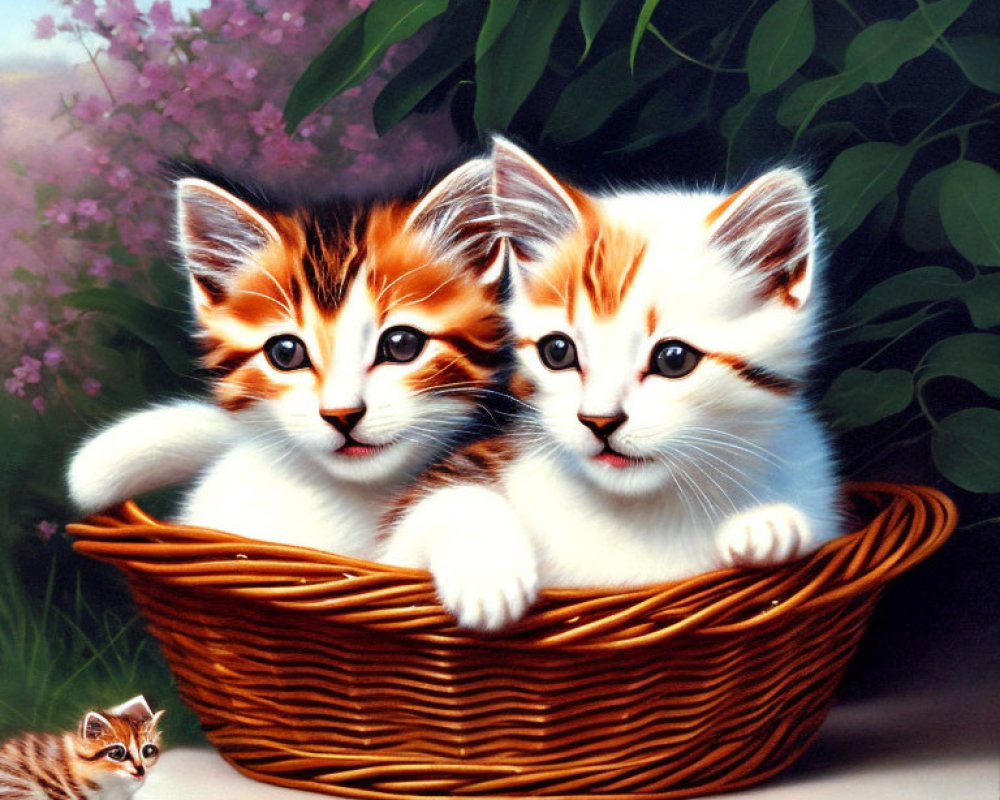 Three kittens in wicker basket surrounded by pink flowers