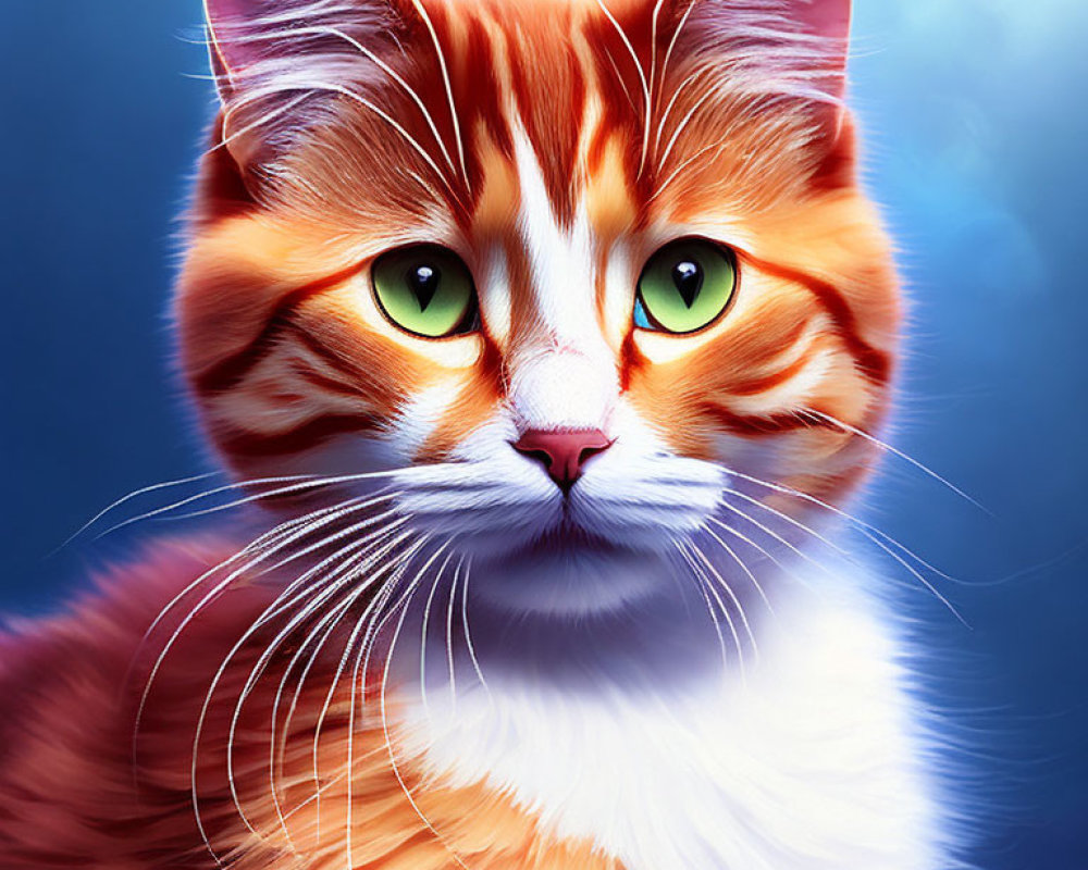 Orange and White Cat with Green Eyes on Blue Background