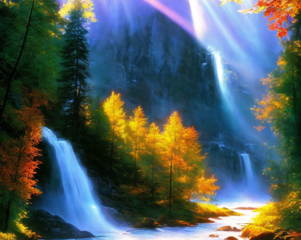Scenic autumn forest with waterfalls and sunlit river