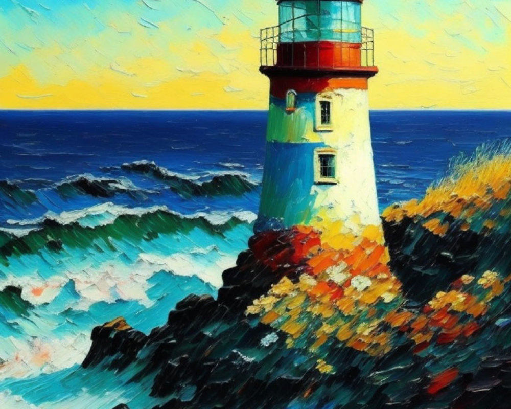 Red and white lighthouse oil painting on rocky shore with crashing waves and sunset sky