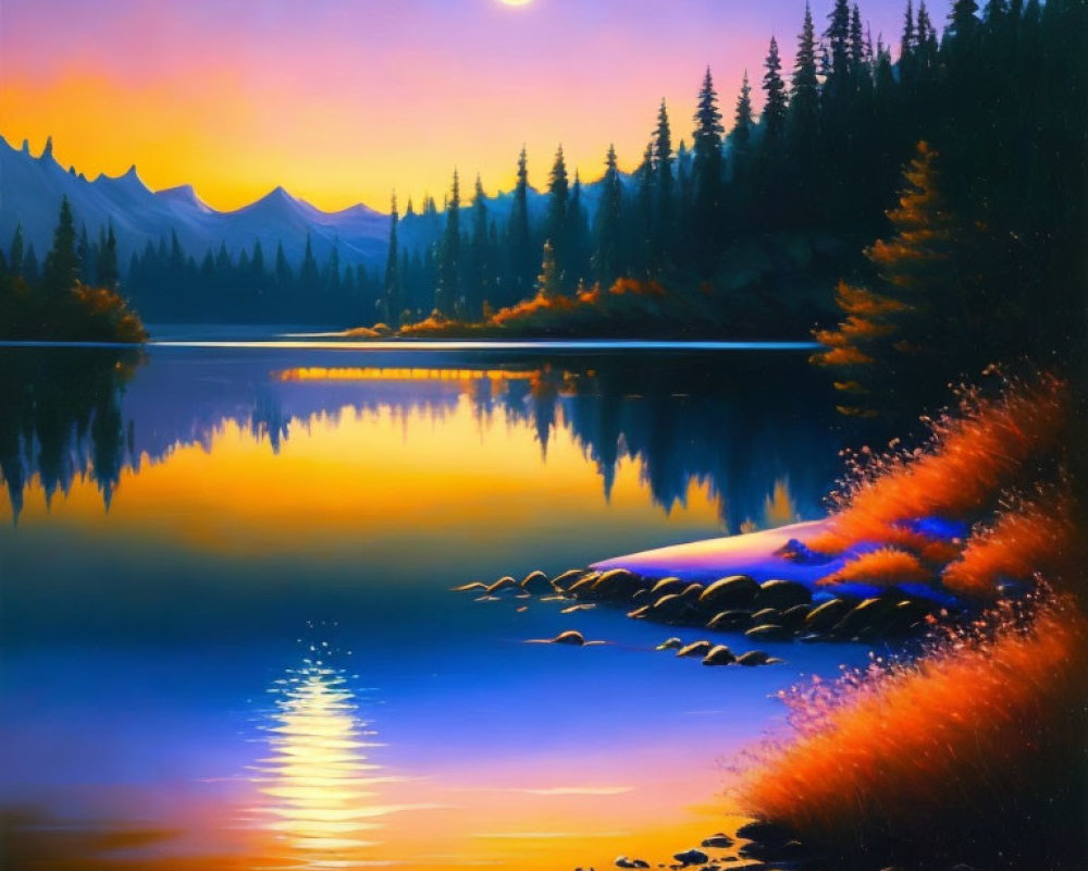 Scenic sunset over tranquil lake with mountain silhouettes